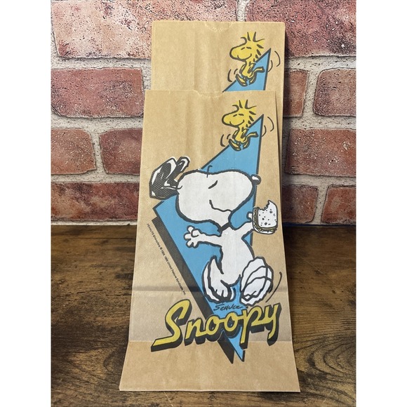 Vintage 80's Peanuts Snoopy Woodstock brown paper lunch bags sacks Carrousel 18 - Picture 1 of 3